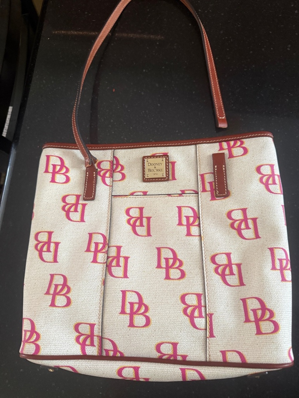 Dooney & Bourke Cream Canvas Tote with Pink Logo and Brown leather Trim AsIS